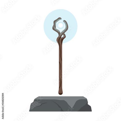 Magical wooden staff with glowing orb on stone base in flat vector art