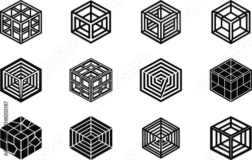 Geometric Cube Designs Abstract, Line Art, Optical Illusions
