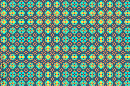 Geometric Symmetry: A symmetrical array of repeating geometric patterns in various shades, creating a vibrant and abstract composition.