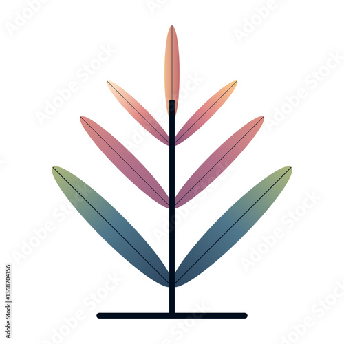 Abstract vertical plant illustration featuring warm-to-cool color transitions, slender elliptical leaves, and a simple trunk base