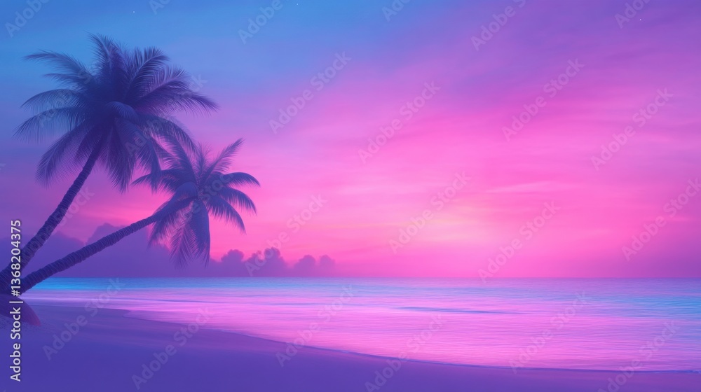 Serene twilight beach scene with palm trees under a vibrant sky, reflecting hues of purple and pink over calm water, inviting relaxation and tranquility Serene twilight beach scene with palm trees under a vibrant sky, reflecting hues of purple and pink over calm water, inviting relaxation and tranquility