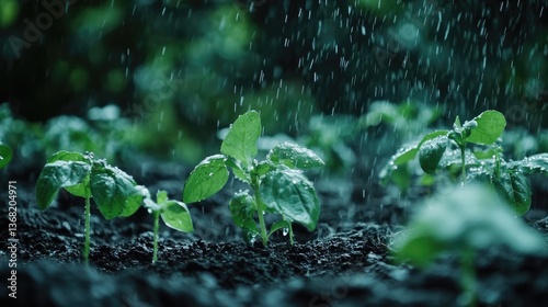 Fresh green seedlings emerging from dark soil, nourished by gentle rain in a lush garden environment