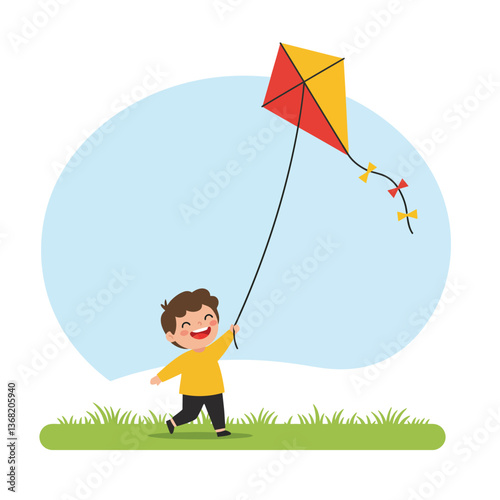 Happy child flying colorful kite in flat design style vector art