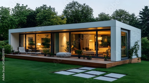 Modern white tiny house with wooden deck glows warmly at twilight, surrounded by lush garden and glass doors, blending minimalist design with nature.