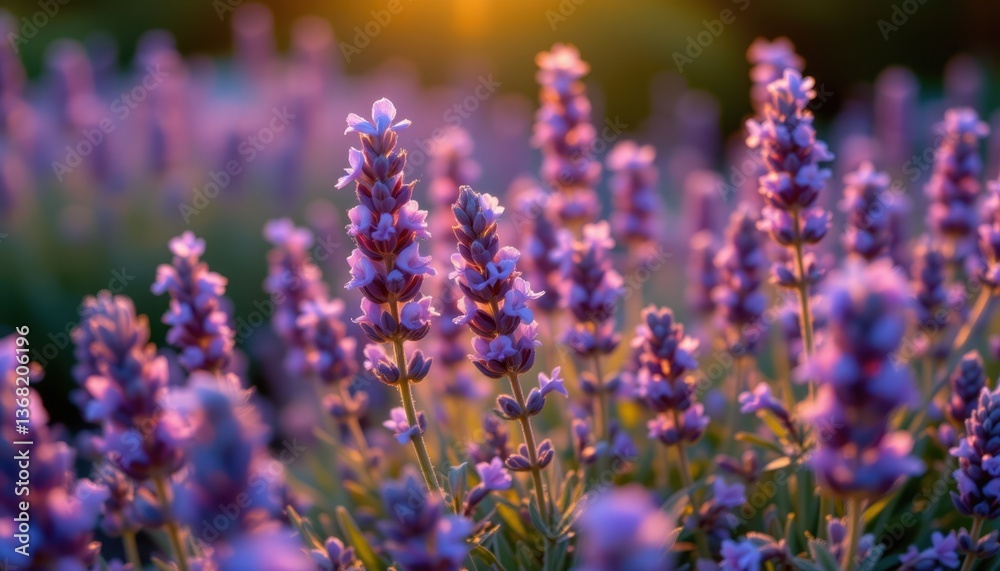 Naklejka premium The velvety petals of the lavender flowers catch the last rays of sunlight, creating a shimmering effect in the dusky evening.