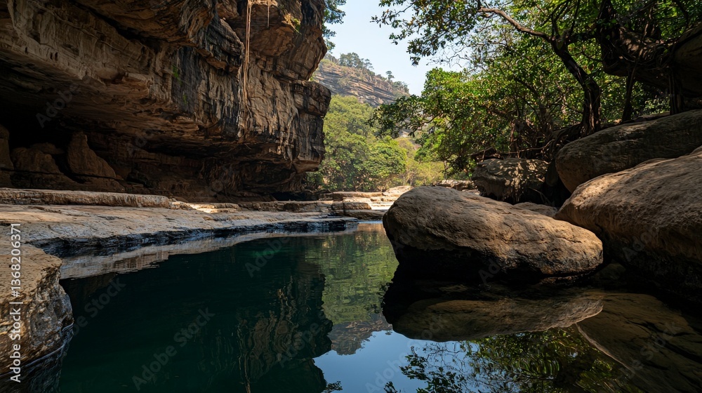 Fototapeta premium Serene natural pool surrounded by rocky terrain ancient landscape tranquil environment scenic viewpoint