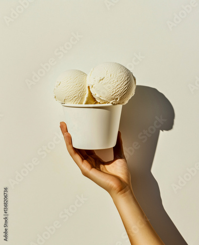 Minimalistic shot of a hand holding white cup with vanilla ice cream. Perfect for summer ads, dessert banners, minimalist web design and product promotion