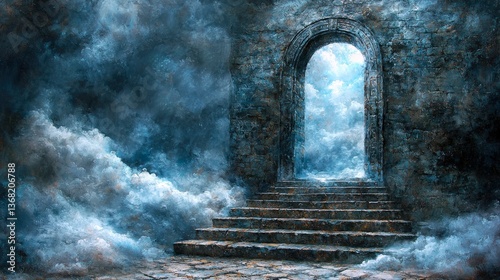 Reflective looking-glass hovers over upside down stairway into clouds