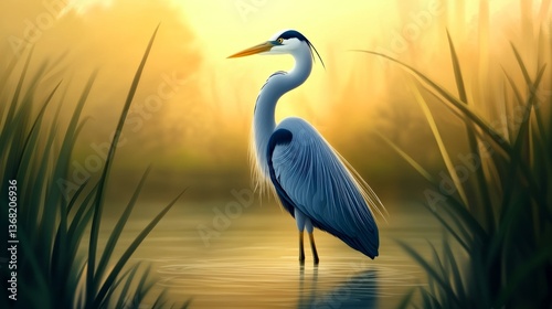 A serene blue heron stands motionless in a peaceful swamp with its long neck poised scanning the water for prey in golden light