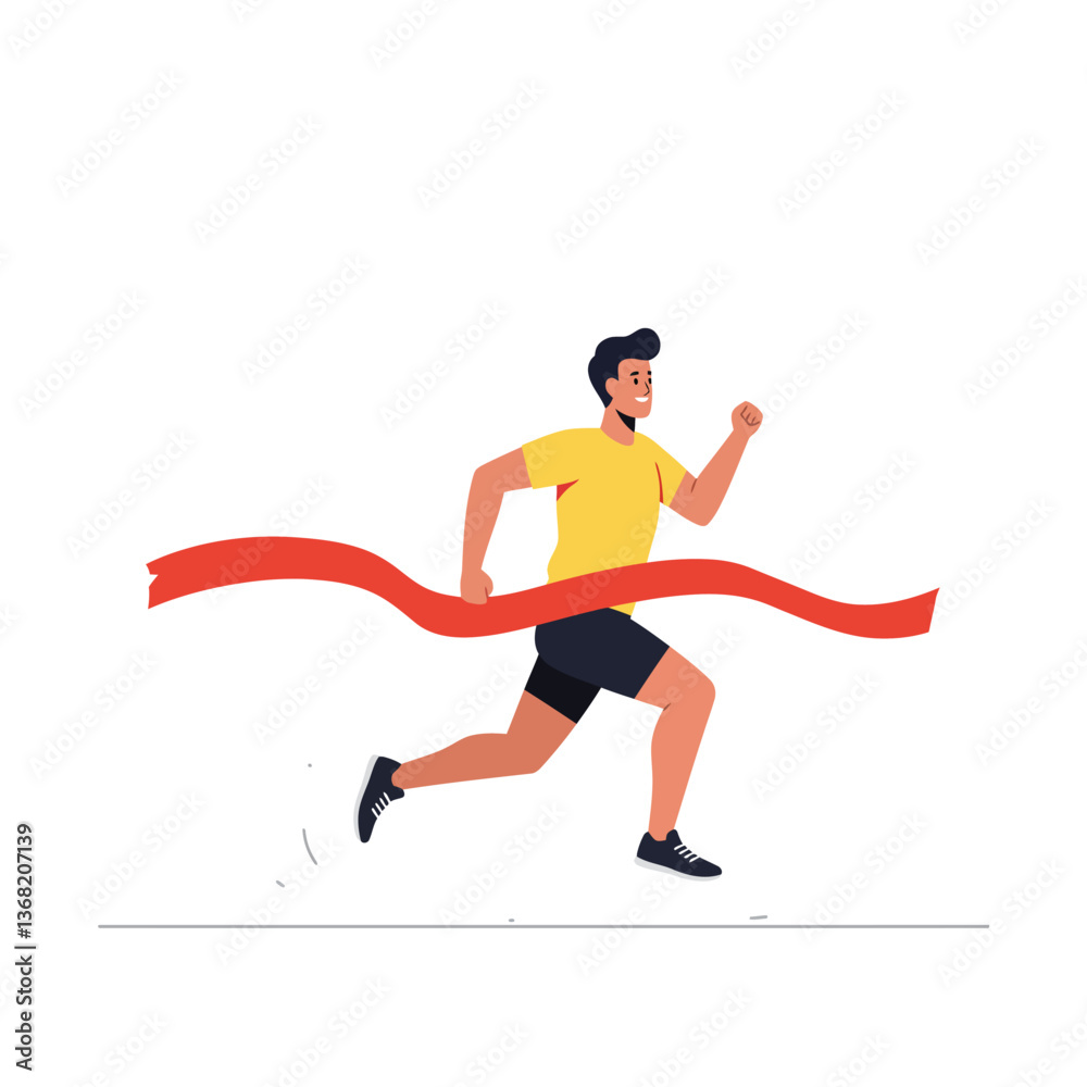 Obraz premium Runner in motion crossing finish line with vibrant red ribbon flat vector art