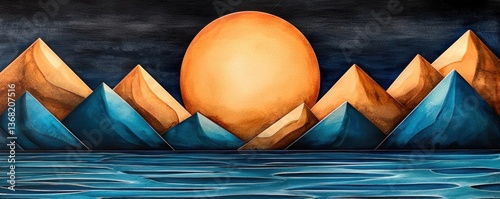 A vibrant sunset over stylized mountains, with a large sun illuminating the scene, creating a striking contrast between warm and cool colors.