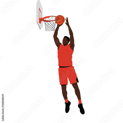 Basketball player in action performing a slam dunk in minimal vector illustration