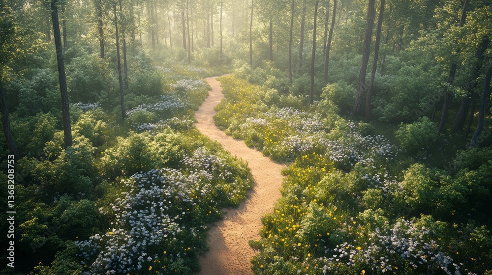 sunlit dirt path winding through blooming wildflowers and green forest in morning light