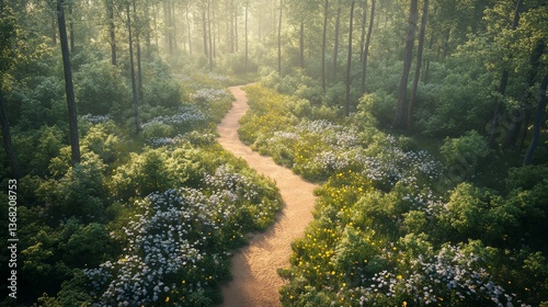 Obraz na płótnie sunlit dirt path winding through blooming wildflowers and green forest in morning light w salonie