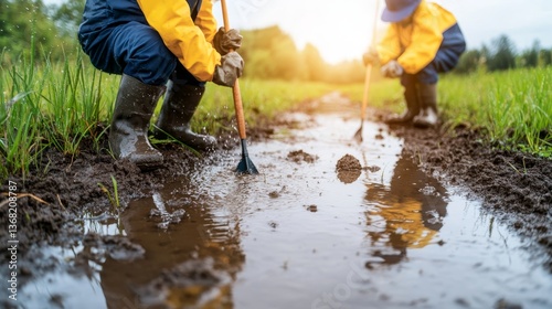 Farmers Working in Muddy Field During Sunny Day in Rain Gear