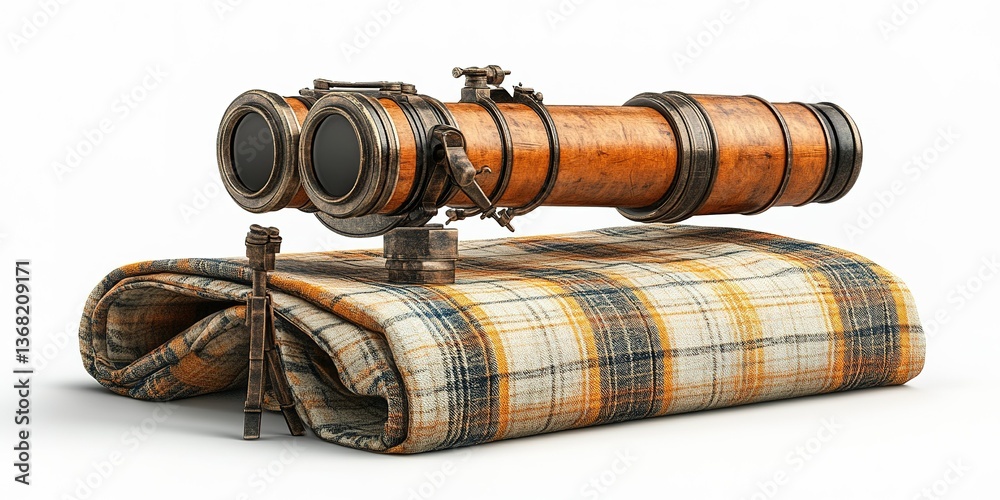 Old-fashioned telescope with tripod resting on plaid fabric against white background