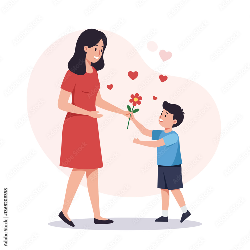 Child presenting flower to mother with hearts in flat vector illustration Child presenting flower to mother with hearts in flat vector illustration