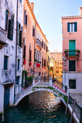 Beautiful bridge at Campo Sant'Angelo in San Marcowith typical italian buildings of Venetian architecture in Venice historical city centre Veneto region, Northern Italy. Tourism concept