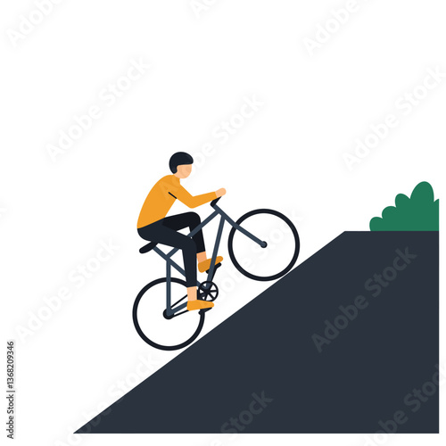 Bicycle rider ascending a steep hill in flat vector art style vector illustration
