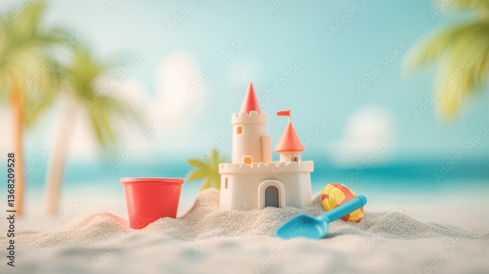 Colorful Plastic Sandcastle with Red Bucket and Blue Shovel on Sunny Beach with Tropical Palm Trees and Calm Ocean Background Colorful Plastic Sandcastle with Red Bucket and Blue Shovel on Sunny Beach with Tropical Palm Trees and Calm Ocean Background