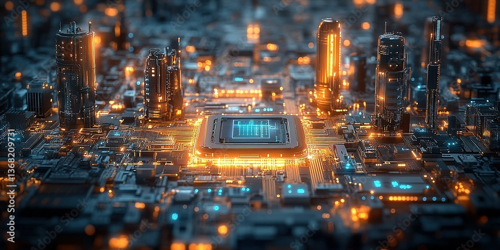 Fototapeta premium Microscopic futuristic city on circuit board with central glowing processor