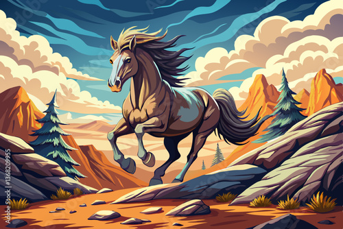 horse running in field with rocks and beautiful sky