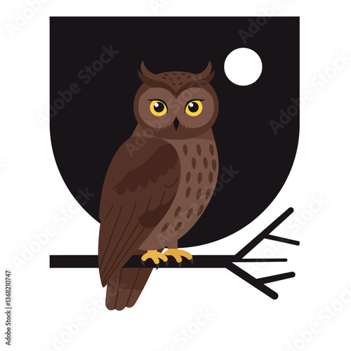 Detailed illustration of a brown owl perched on a branch in flat vector art