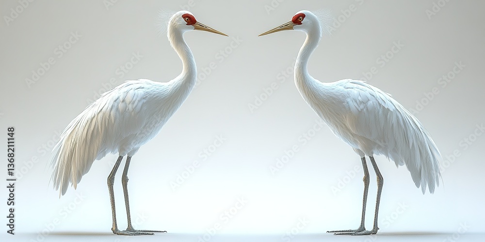 Fototapeta premium Two whooping cranes stand facing each other against a neutral background in a studio