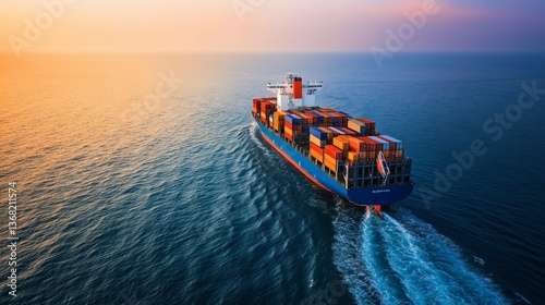 Vibrant Sunset Over Ocean with Large Container Ship in Motion