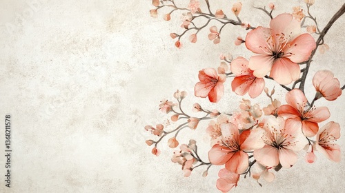 Delicate cherry blossom branch with soft pink flowers against a textured beige background, evoking spring beauty