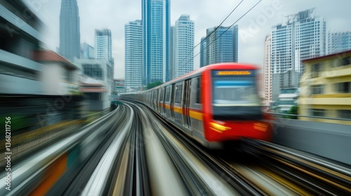 A vibrant red train speeds through a bustling urban landscape with skyscrapers in the background on a cloudy day