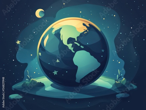 Wallpaper Mural Illustration of Earth with a crescent moon and stars in the night sky Torontodigital.ca