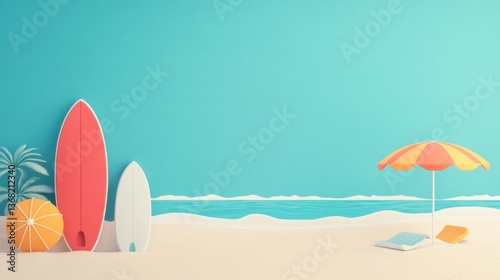 Colorful Beach Scene with Surfboards, Umbrella, and Relaxation Elements Against a Bright Blue Background for Summer Vibes and Coastal Themes