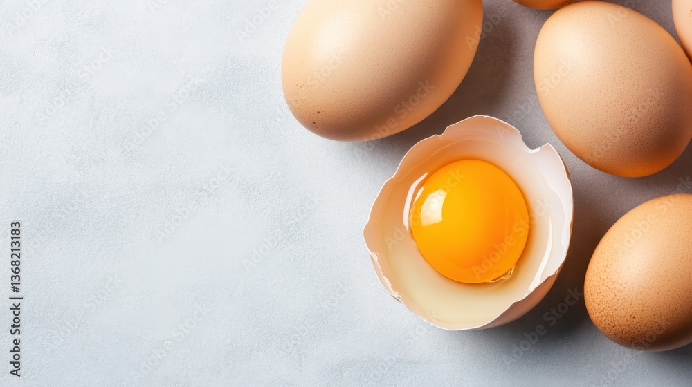 Fresh Eggs on a Light Surface with One Cracked Egg Showing Bright Yellow Yolk Surrounded by Whole Brown Eggs Fresh Eggs on a Light Surface with One Cracked Egg Showing Bright Yellow Yolk Surrounded by Whole Brown Eggs