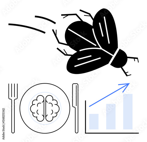 Fly in motion, brain served on a plate with utensils, growth bar chart. Ideal for innovation, business, creativity, progress, analytics unconventional ideas out-of-the-box thinking. Flat simple