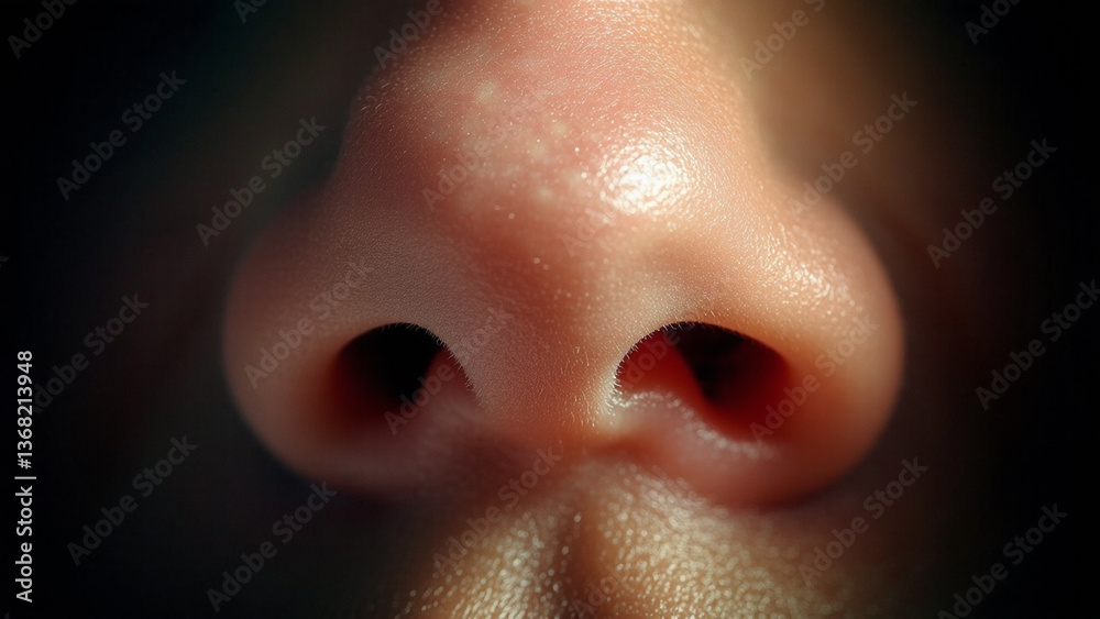 Fototapeta premium Close-up view of a human nose showcasing details and texture in natural light with dark background