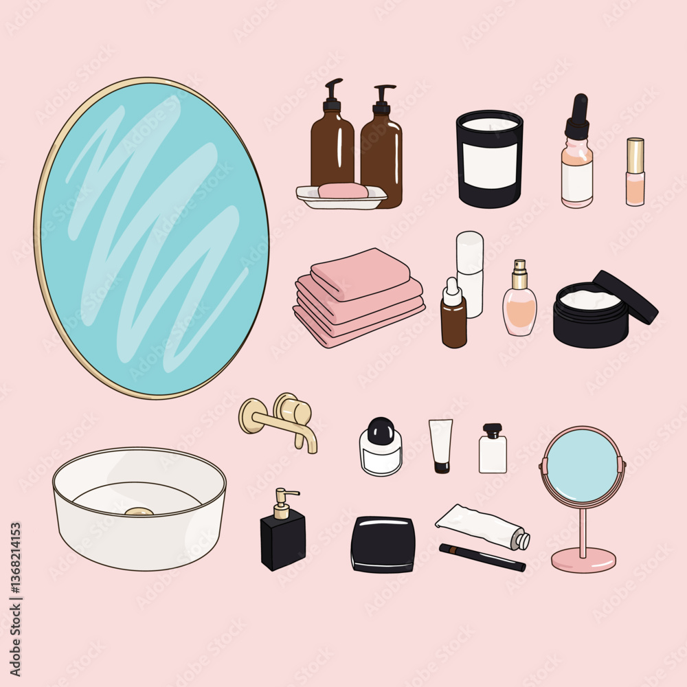 Bathroom Mirror Vanity Beauty and Makeup Icon Set Collection