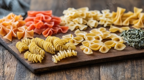 A vibrant assortment of fresh pasta varieties arranged on a wooden board, showcasing colors and shapes for culinary inspiration