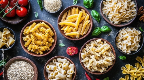 A vibrant arrangement of various pasta types in rustic bowls surrounded by fresh ingredients and herbs