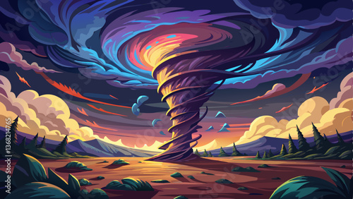 A tense and eerie atmosphere where a twisting tornado forms under a dark, stormy sky