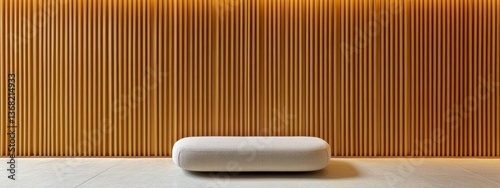 Natural bamboo wood paneling with thin vertical slats, softly illuminated to enhance organic texture and rich caram color