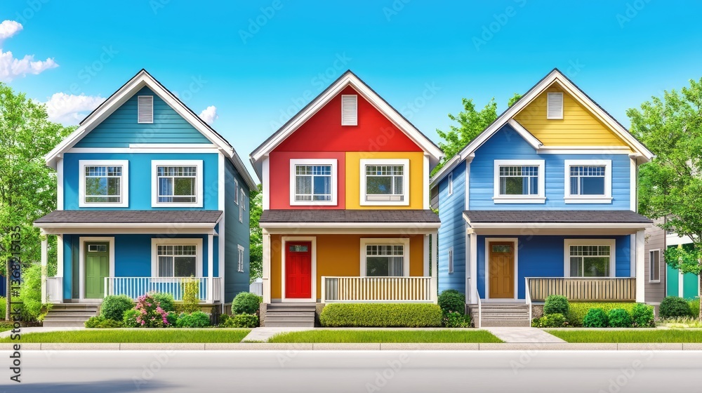 Colorful row of three modern houses with vibrant facades and well-maintained gardens on a sunny day Colorful row of three modern houses with vibrant facades and well-maintained gardens on a sunny day