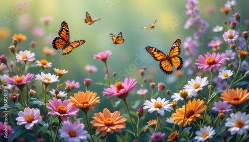 Butterflies flit and dance among the flowers, their delicate wings adding a splash of color to the peaceful scene.