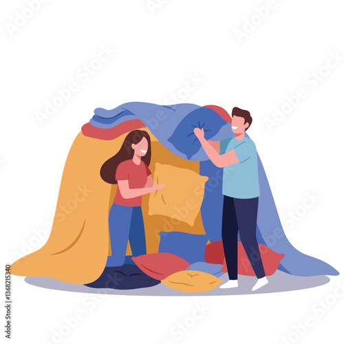 Couple building a colorful pillow fort in a flat vector illustration