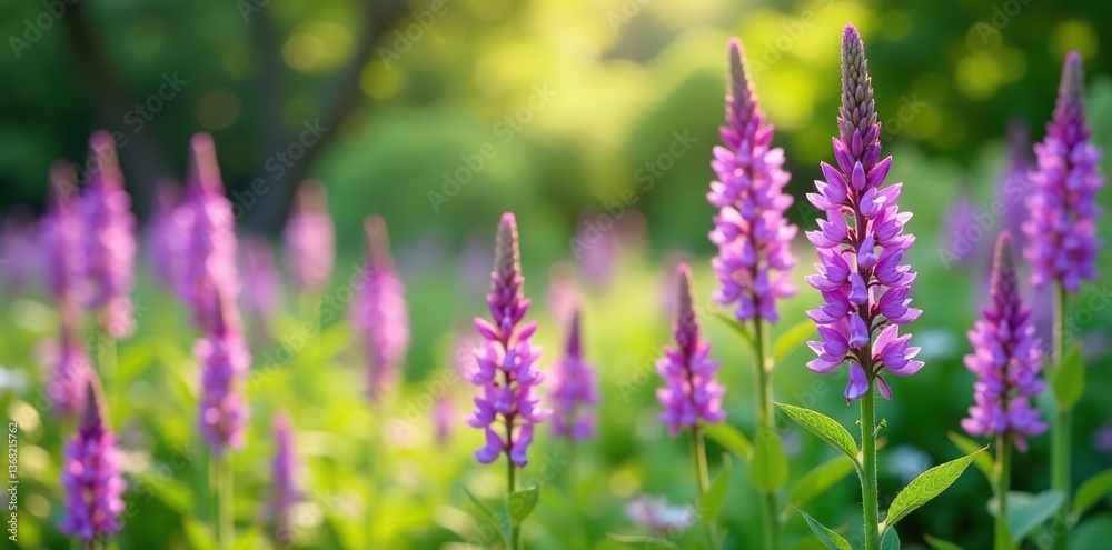 Obraz premium Tall spikes of purple Blazing star plants in full bloom in a serene Cape Cod garden, nature, landscape