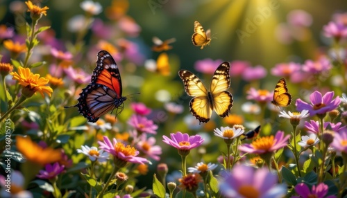 Butterflies flit among the flowers, their iridescent wings catching the first rays of sunlight and creating a kaleidoscope of color.