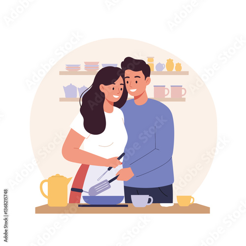Couple Cooking Together in Flat Design Style Vector Art