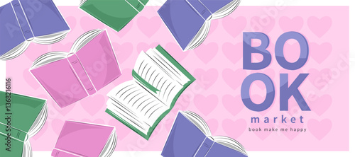 Book market. Layout design for bookstore, library, sale in bookshop.  Background with collection of different books.  Vector illustration for banner, cover, marketing.