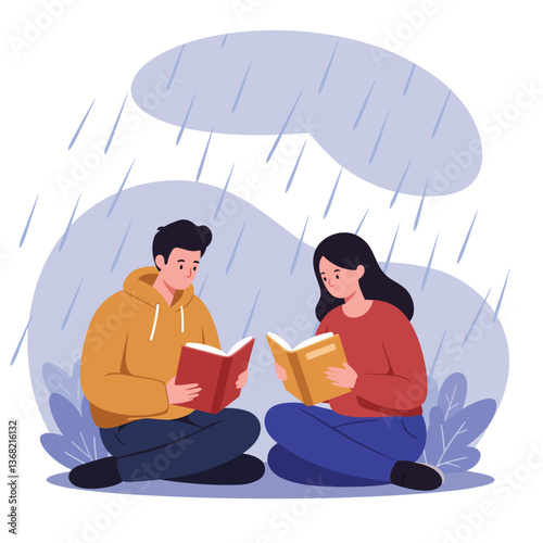 Two individuals reading books while sitting on the ground in a minimal vector art style