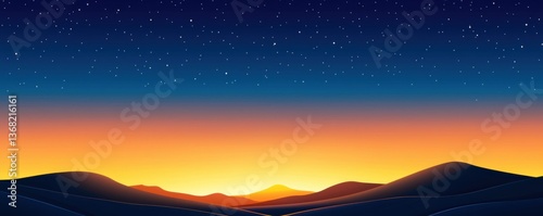 A serene desert landscape at dusk, featuring rolling sand dunes beneath a starry sky and a vibrant sunset horizon.